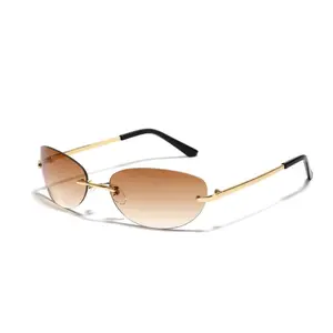 Women Frameless Metal Oval Sunglasses Retro Mercury Mirror Shades