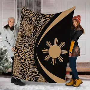 Polynesian Filipino-Inspired Premium Flannel Throw Blanket - Black & Golden Geometric Tropical Floral Pattern, Quilted All-Season Soft Bedspread For Home Decor, Camping, Or Gift, Blanket For Bed, Cultural Home Decor, Bold Circular Design, Artistic Craftsm