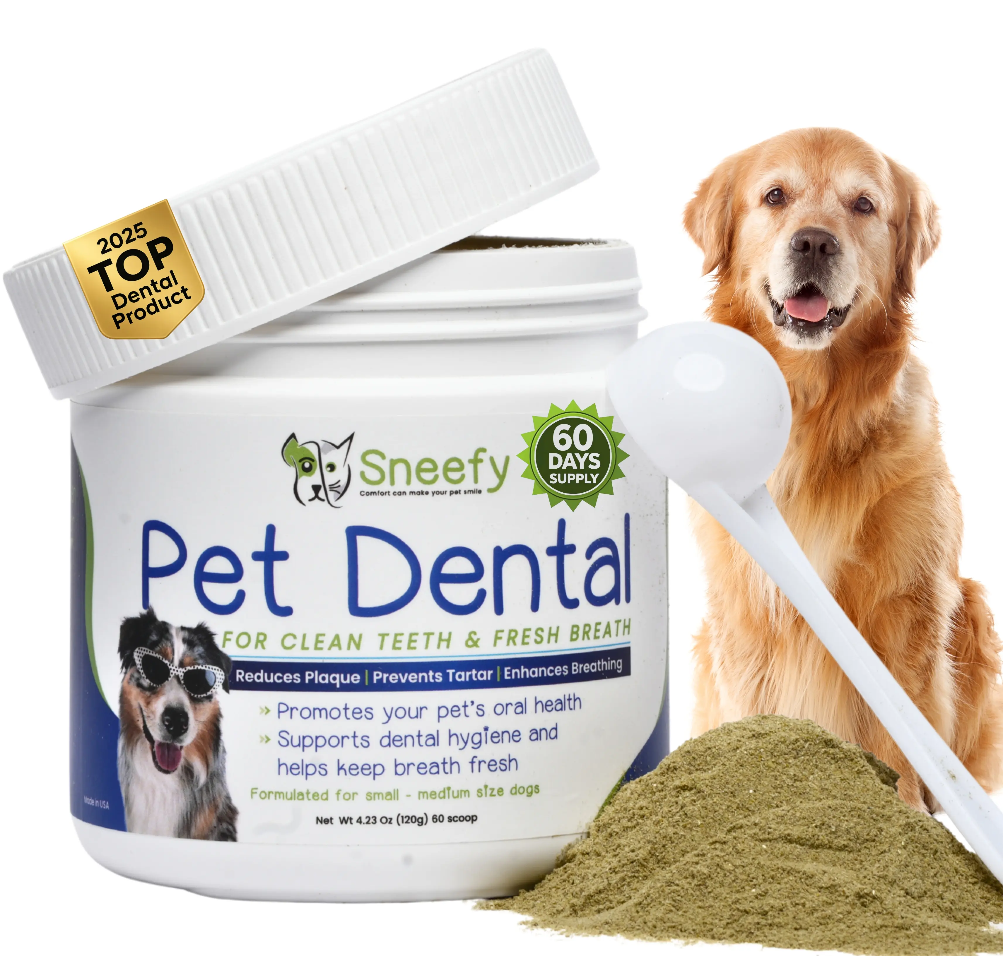 Sneefy Pet Dental Powder for Dogs & Cats 120g Chicken Flavor Natural Herbal Blend with Probiotics for Fresh Breath & Plaque Control 60-Day Supply Easy Daily Oral Care