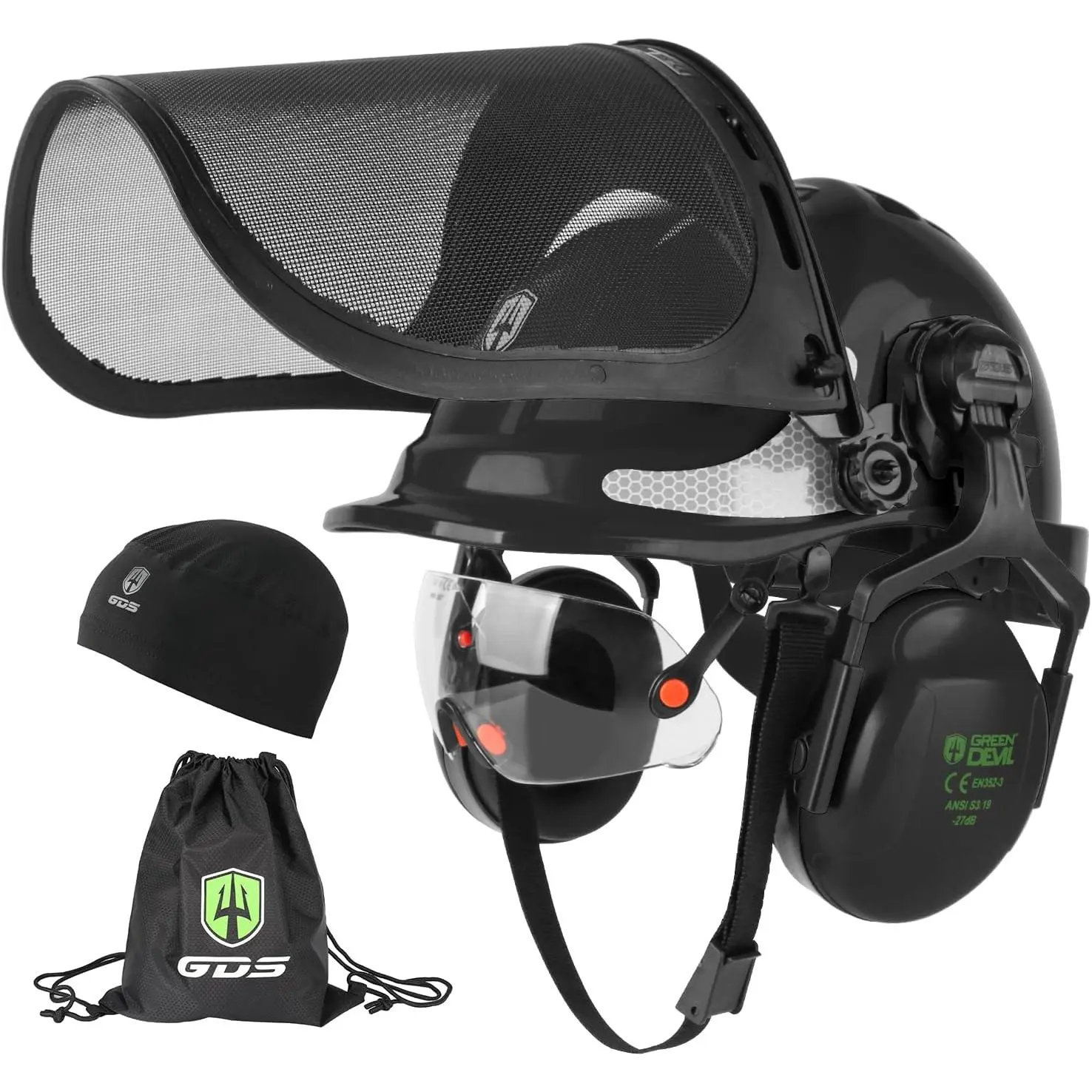 Adults' 4-in-1 ABS Plastic Chainsaw Safety Helmet - 53-63cm Forestry Hard Hat with Flip-Up Shield, Mesh Shield, Ear Muffs, Drawstring Bag, 2.4 lbs, 14.2x11.0x6.7 Inches for Arborist Tasks, Logging Safety Gear