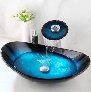 Tempered Glass Waterfall Faucet Oval Basin with Drain Pipe