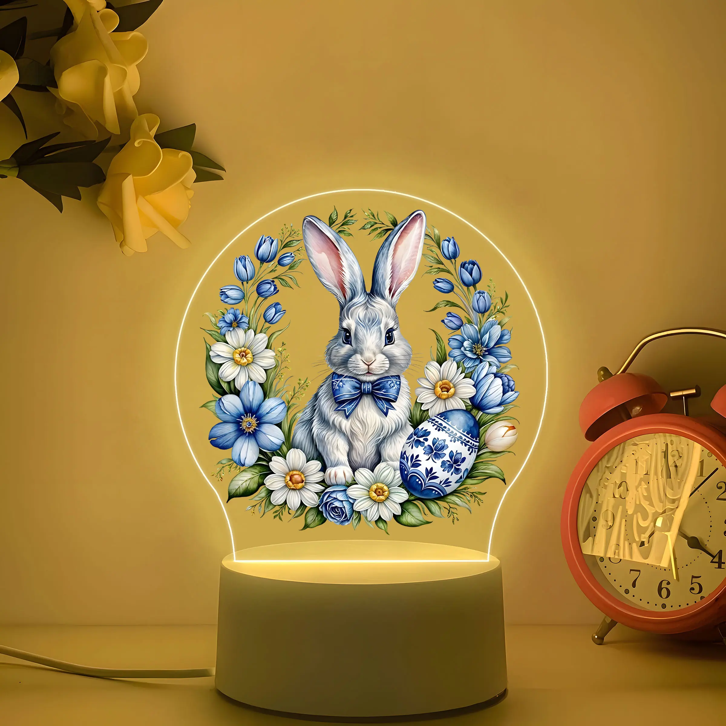 Easter Bunny Egg Acrylic Night Light, USB Powered with Switch Control, Warm Soft Light, Blue Floral Design, Perfect Gift