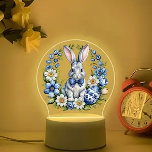 Easter Bunny Egg Acrylic Night Light, USB Powered with Switch Control, Warm Soft Light, Blue Floral Design, Perfect Gift