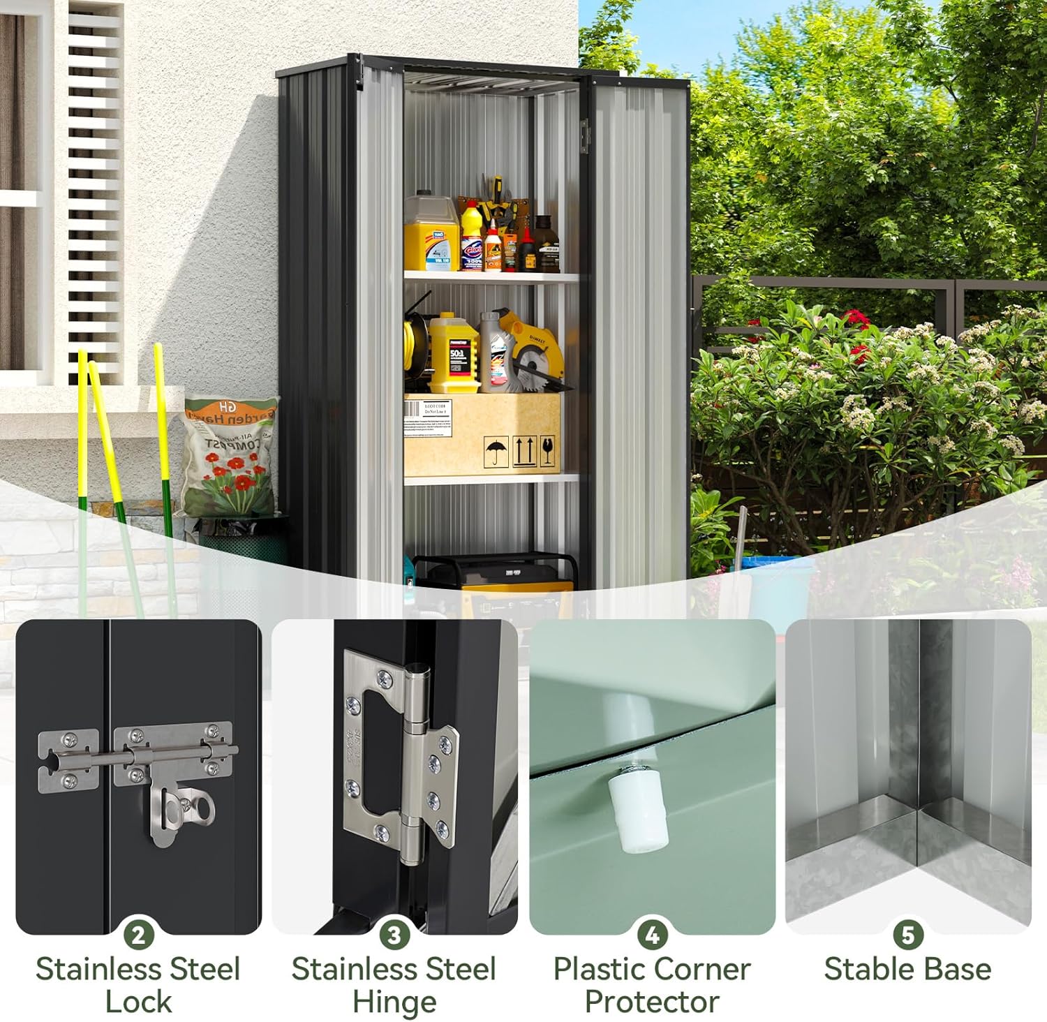 Aoxun 31x19 in Outdoor Storage Cabinet Metal Garden Shed with 2 Adjustable Shelves 3 Layer Waterproof Vertical Storage for Patio Garden Garage Porch Black 22 Cu Ft