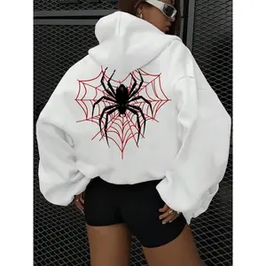 Women's Spider & Heart Print Drawstring Kangaroo Pocket Hoodie, Cute Sweatshirt Fashion Casual Drop Shoulder Hooded Sweatshirt for Daily Holiday Outdoor Wear, Women Clothing for Fall & Winter