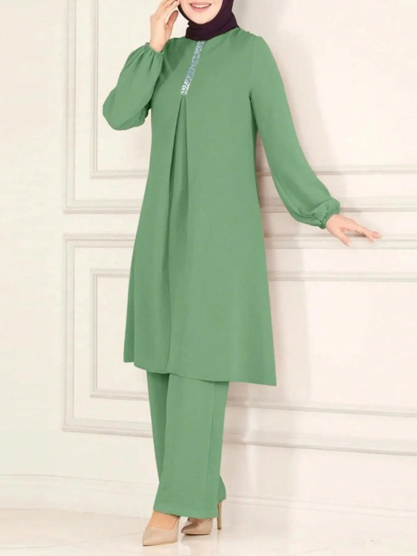 Fashion Women's Solid Color Long Shirt Baju Muslimah Set Seluar