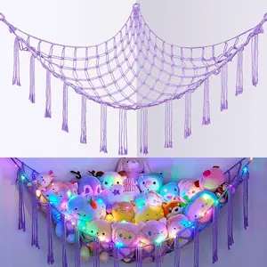 Hanging LED-Lit Stuffed Animal Storage Hammock Net, Decorative Hangable Corner Wall Organizer for Girls’ Room, Home Supply Toy Storage Solution