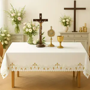 1pc Elegant Golden Cross & Grapevine Tablecloth - Sophisticated White Polyester Altar Front Tablecloth with Lace Edging, Rectangular & Round Designs for Baptism, First Communion, Christmas, and Easter Church Ceremonies | Festive | Church De