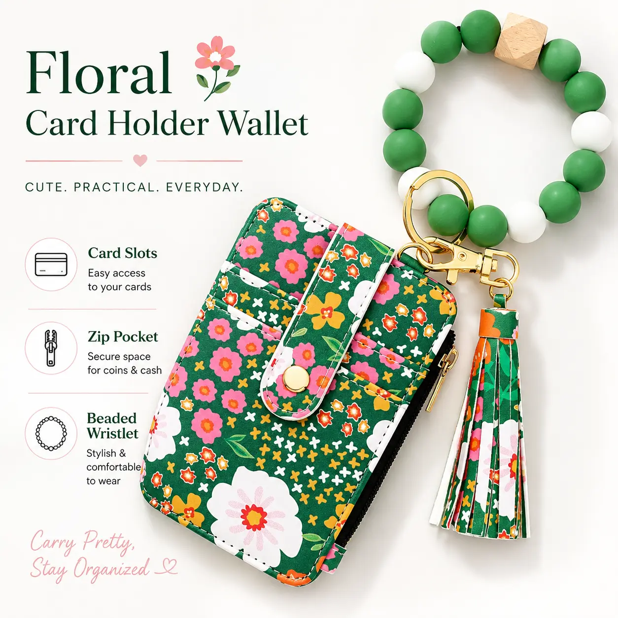 Slim Boho Floral Wristlet Wallet for Women, RFID Blocking Credit Card Holder with Zipper Closure, Beaded Bracelet Keychain & Tassel, Compact Everyday Purse