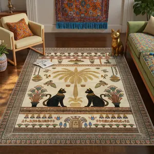 Bohemian Vintage Persian Style Living Room Carpet, Cat Print Symmetrical Design, Animal Printed Indoor Floor Rug, Non-Slip Soft Washable Large Size Bedroom Rug
