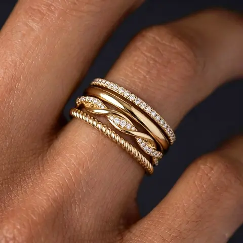 Women's 14K Gold Plated Brass Coated Stackable Ring Set - Non Tarnish Dainty Cubic Zirconia, Plain Bands, Wedding Bands, Engagement Promise Thumb Rings, Female Size 7-10, Costume Jewelry