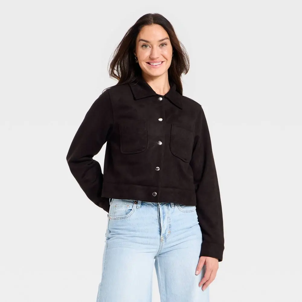 Women's Faux Suede Button-Up Minimalist Fashion Jacket - Polyester-Spandex Fabric Tops for Universal Wear