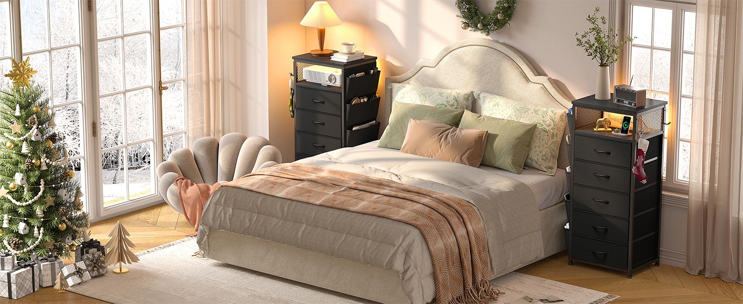 Raybee 37.5" Tall LED Night Stand with 5 Drawers for Tall Bed, Black Narrow Dresser with Charging Station for Living Room, Night End Table with Extra Side Bag & Hooks, Bedside Table with Power Stripe, Bedroom, Closet, Hallway, Entryway, White, Brown