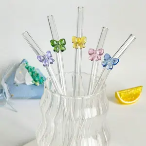 4/5/8Pcs Colorful Bow Charms Glass Straws lady glass straw With Cleaning Brush For Water Cup Kitchen Accessories Cold Drinks Milk Tea Coffee Juice Smoothies Kitchens Restaurants Parties Gifts