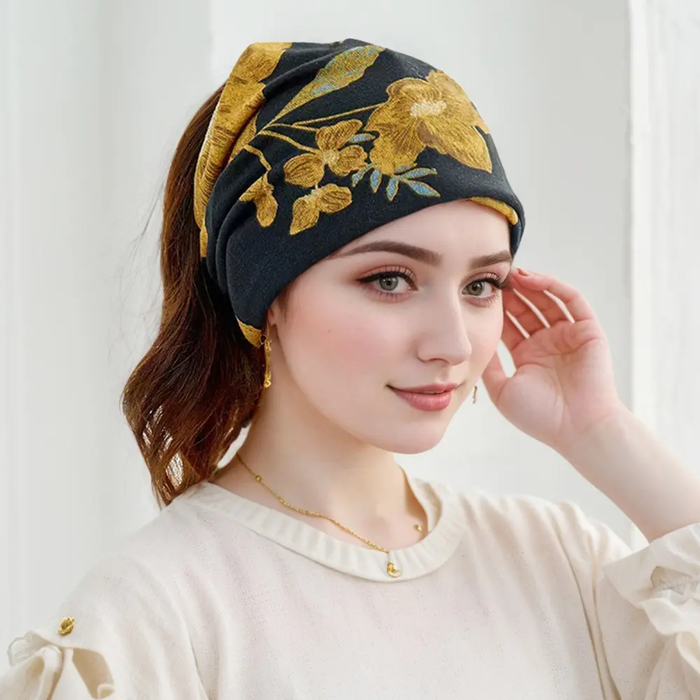 Women's Retro Boho Slouchy Beanie Hat 4-Pack, Premium Polyester Casual Stretchy Beanie with Floral Designs, Fashion Hats for Women's Hair Accessories, Flowers, Printed, Unisex, One Size