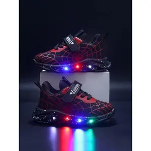 New Kids' Sports Shoes 2026, Simple Fashion Breathable Mesh, Anti-Collision Thick Sole, Casual Cartoon Glow Spider Web Design