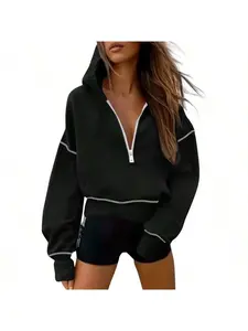 Women's 2026 Fall Half-Zip Cropped Hooded Sweatshirts, Long Sleeve Pullover, Trendy Fit Winter Fashion Tops, summerwins, Trend