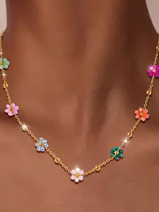 Vintage Bohemian Colorful Flower Beaded Necklace for Women, Multi-Layered Choker, Summer Clavicle Chain, Dainty Floral Design, Dainty Layering Jewelry