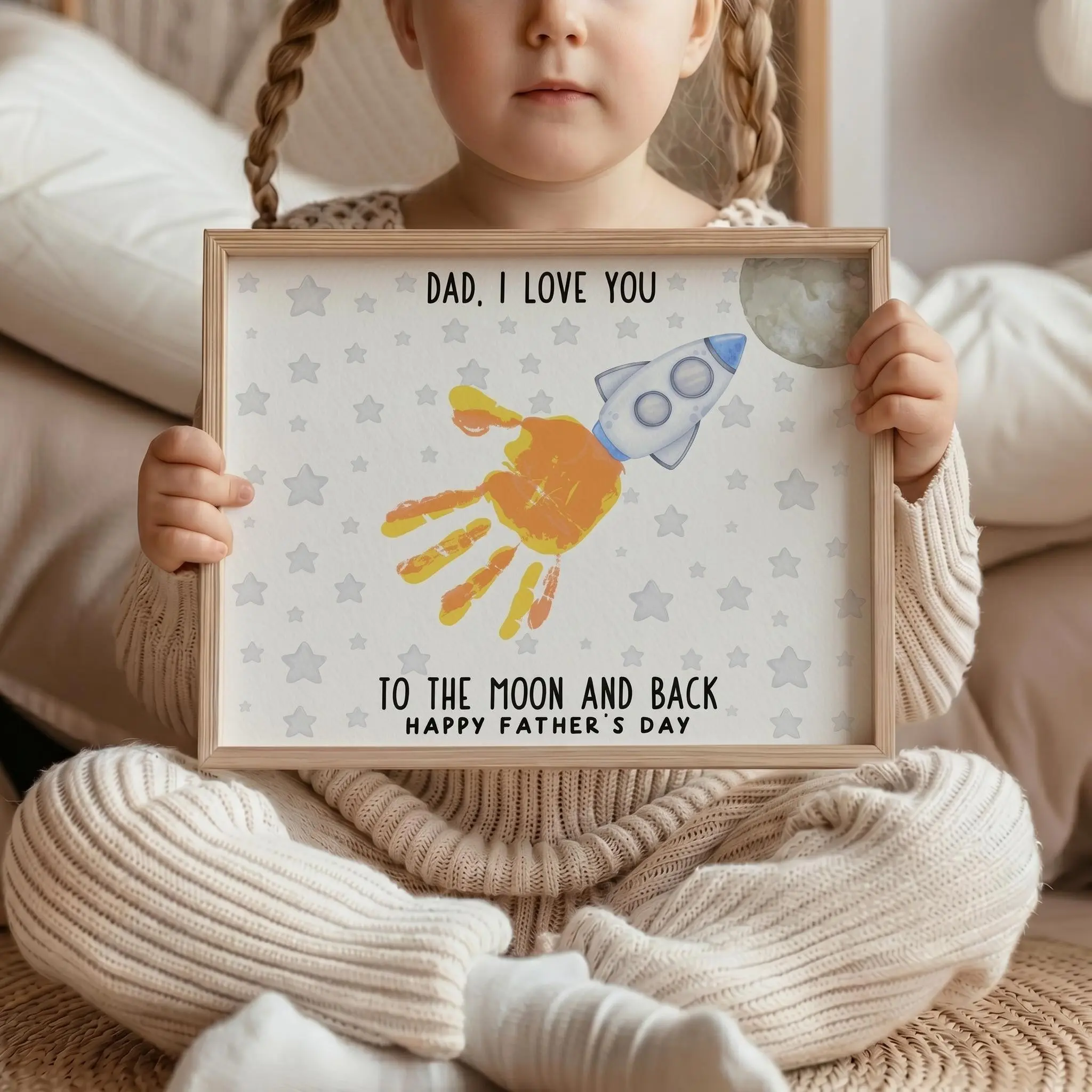 Father's Day Wooden DIY Handprint Sign - Dad I Love You To The Moon And Back Happy Father's Day | Personalized Gift for Dad from Kids, Perfect Present for Dad, Papa, Daddy, Grandpa, Father’s Day Gift