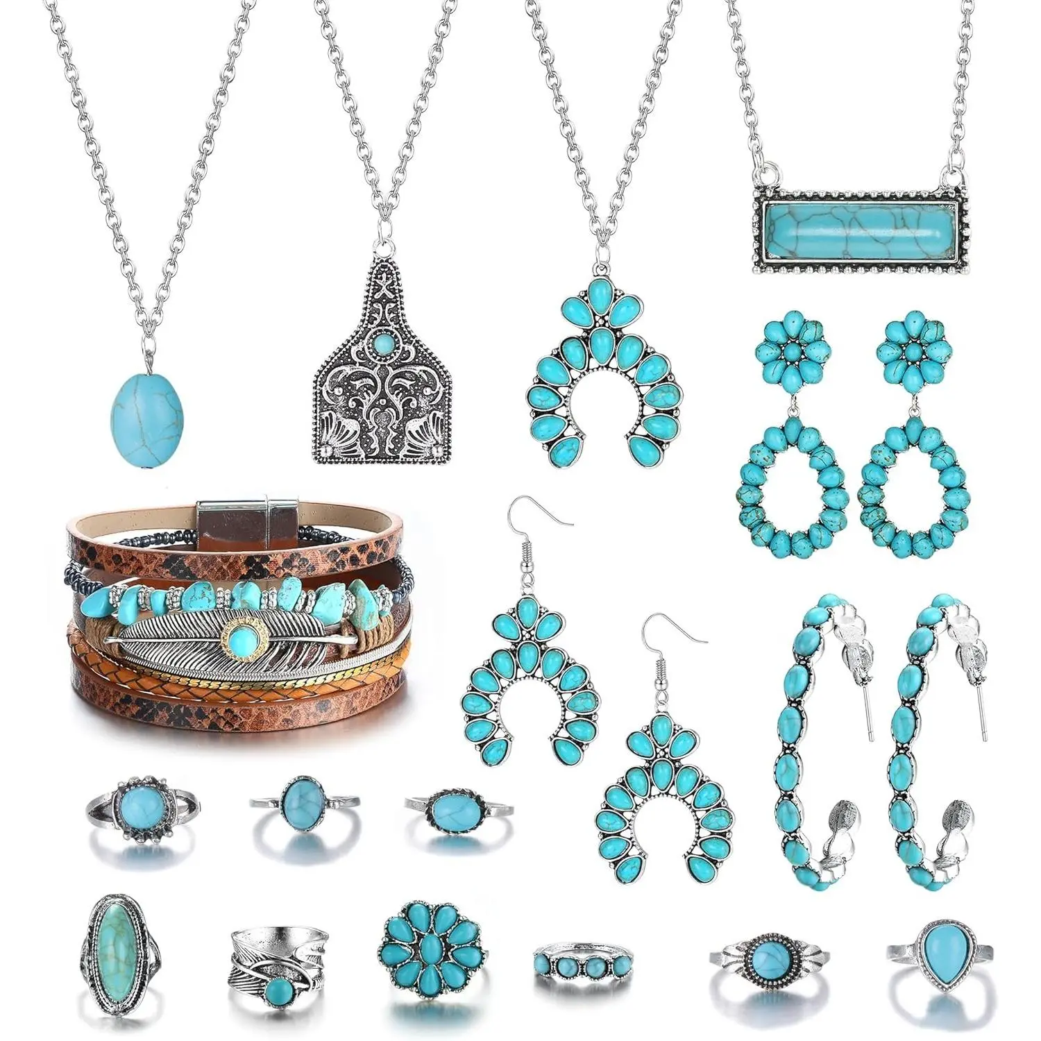 YADOCA Women's Bohemian Style Turquoise Jewelry Set - Pendant Necklace, Dangle Earrings, Boho Bracelet, Knuckle Rings, Fashion Accessories, Meaningful Gifts, Strength, Auspicious, Daily, Exquisite Workmanship