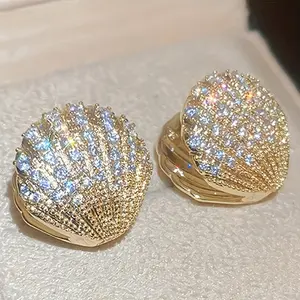 Luxurious inlaid sparkling synthetic zircon creative shell hoop earrings for girls' parties and daily fashion accessories