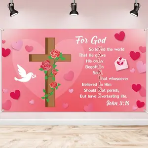 1PC,2D Flat Christian John 3:16 Bible Verse Backdrop, Pink Love Cross Rose Dove Background Cloth, Religious Faith Banner for Church Activities, Sunday School, Religious Ceremonies Decor
