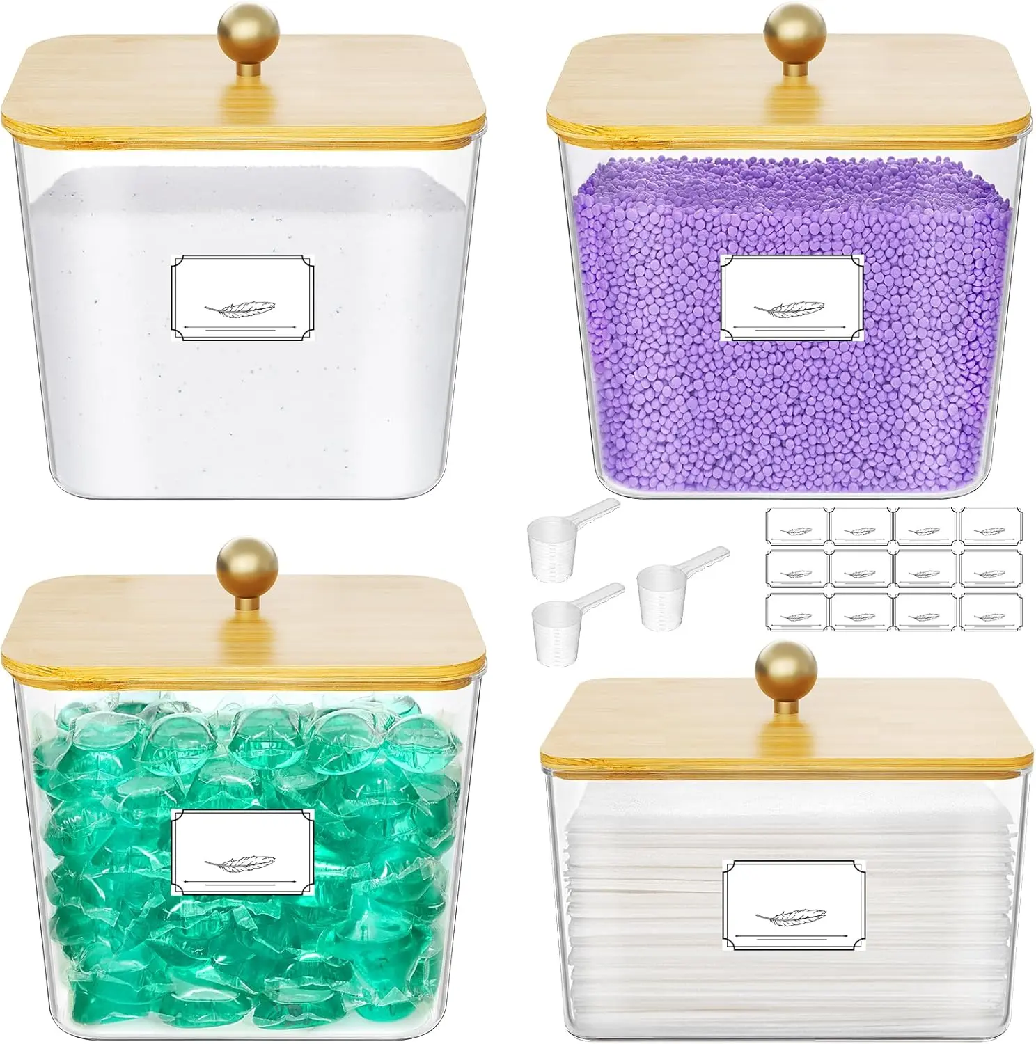 4-Pack Laundry Pods Container & Dryer Sheet Holder, Acrylic Square Laundry Room Organization and Storage Jars with Wooden Lids & Labels for Powder, Scent Booster, Detergent