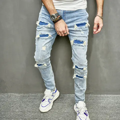New Men's  Jeans patched denim Pants Spring Streetwear Hip Hop Slim Male Stylish Ripped Solid Casual Denim Holes SkinnyTrousers Menswear Underwear Human Pocket Motocross Beige Plain DFYD