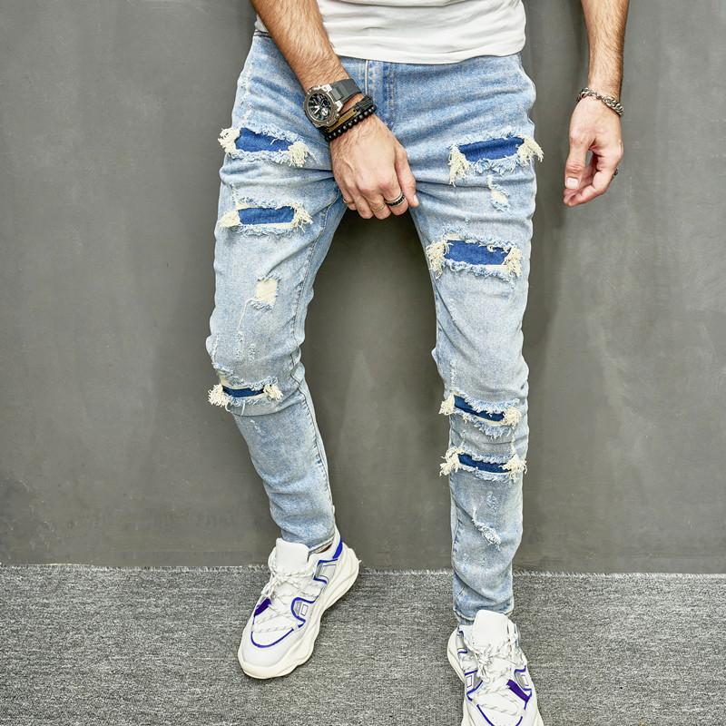 New Men's  Jeans patched denim Pants Spring Streetwear Hip Hop Slim Male Stylish Ripped Solid Casual Denim Holes SkinnyTrousers Menswear Underwear Human Pocket Motocross Beige Plain