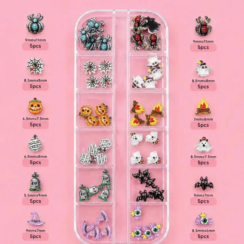 Halloween 3D Nail Charms Set with 12-Compartment Organizer Box | Premium Mixed Pumpkin, Spider, Ghost, Bat & Evil Eye Nail Art Charms for Press On, Gel & Acrylic Nails