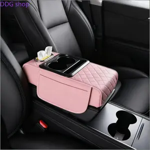 Pink 4-in-1 Car Armrest Cover Pillow - Center Console Cushion with Tissue Box, Cup & Phone Holder, Memory Foam Leather Storage Organizer