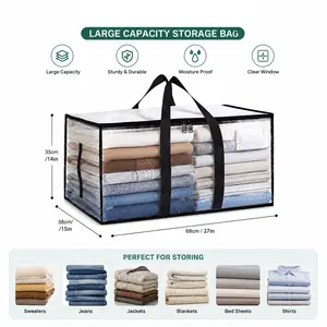 Clear Extra Large Moving Bags,Heavy-Duty Waterproof Storage Tote Bag with Reinforced Handles & Zippers,Transparent Organizer for Clothes,Bedding,Dorm,Moving (Clear- 88L)