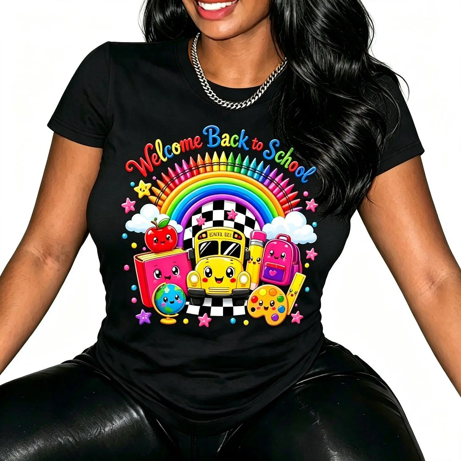 Welcome Back to School Cute Rainbow Bus Teacher Student Kids T Shirt Graphic Tee Casual Unisex Short Sleeve Classroom Outfit Gift for Students
