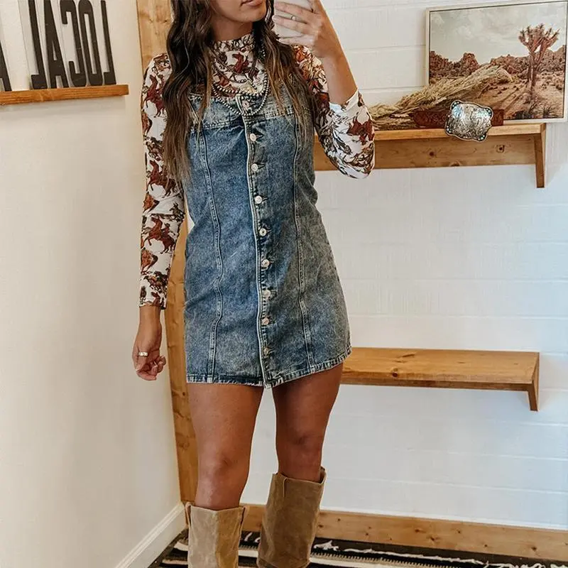 Early Spring and Autumn Suspender Old Casual Western Style Slim Denim Dress Piece Summer