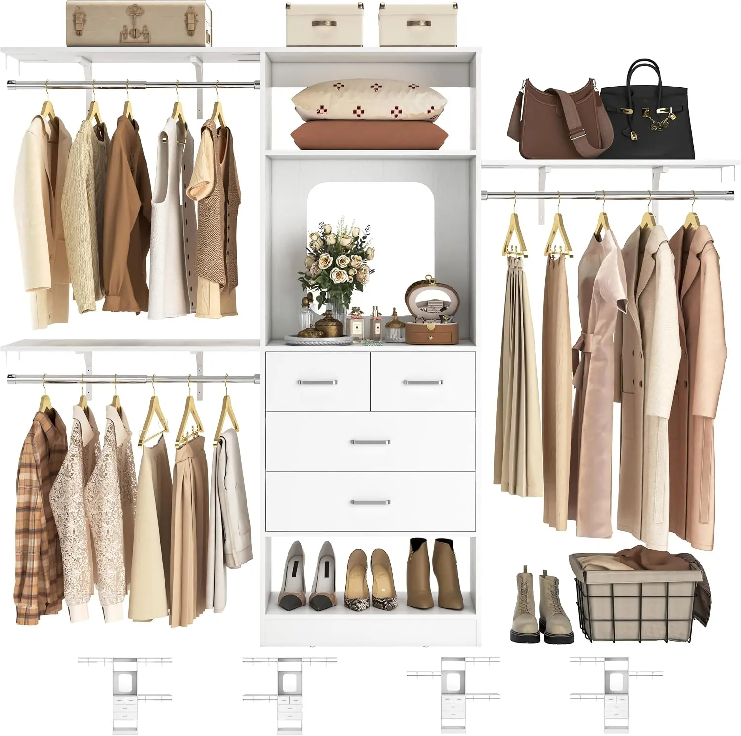 96" Closet System, 8FT Walk in Closet Organizer with 3 Hanging rods and Shelves, White Sturdy Clothing Wardrobe with 4 Drawers & Mirror, 96" W x 16" D x 80" H (Can Be Cut To Fit), Max Load 1000 LBS