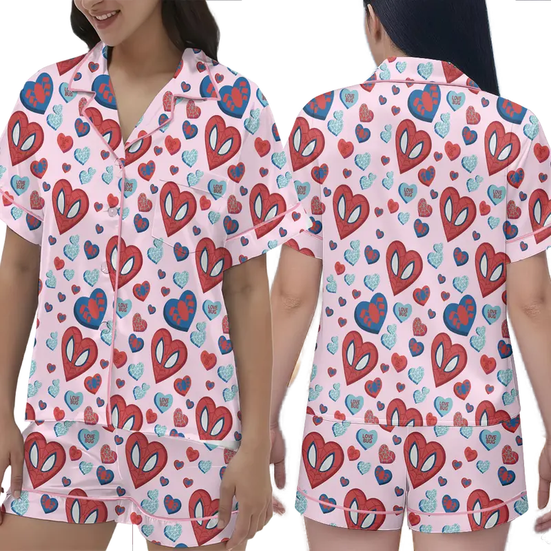 Valentine Spiidermann Heartss Pajamas Set, Cute Cartoon Print Sleepwear, Soft Cozy Unisex Loungewear Pajama Outfit, Valentine’s Day Gift for Men and Women | 020126.R2383.ID00