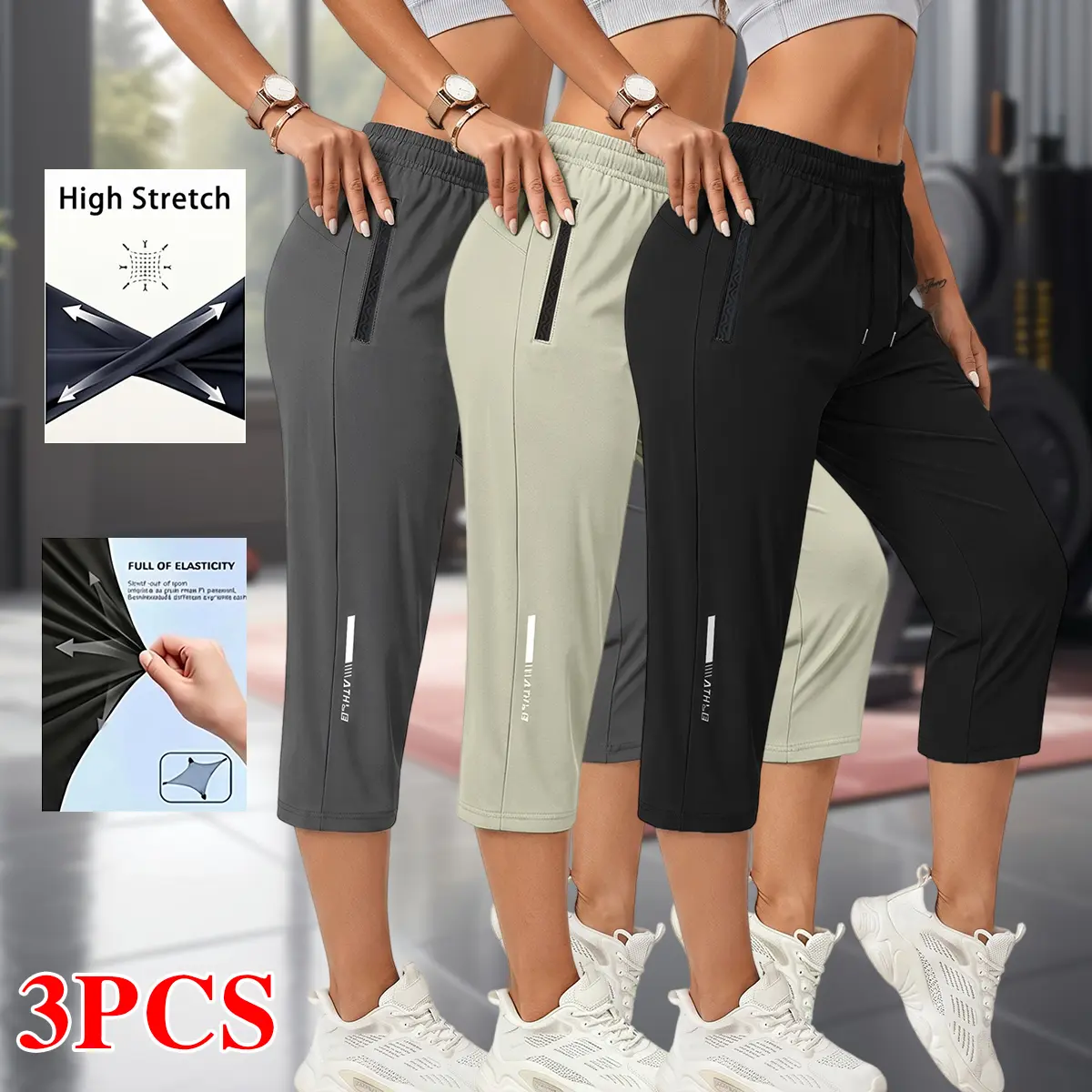 Women's 3-Piece Quick-Dry Casual Shorts Set - Adjustable Drawstring, Elastic Waistband, Zippered Pockets, Stylish Letter Print, Stretch Fit, Pocketed Shorts - Ideal for Summer Outdoor Running, Hiking - Womenswear Bottoms, Adjustable Drawstring Shorts,summ
