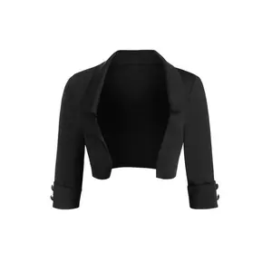 2025 Women’s Solid Color Front-Open Short Jacket with Faux Button Collar, Black – GARMENTARY