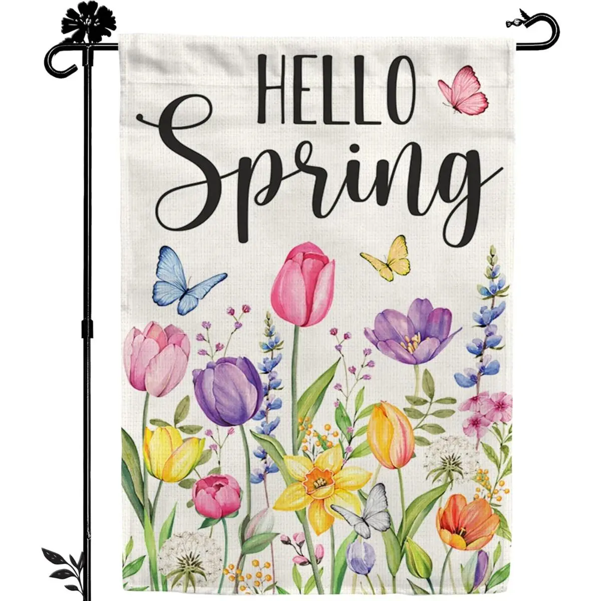 "Hello Spring" Floral Garden Flag, 12x18 Inch Double-Sided Tulip & Butterfly Yard Decor for Spring, Easter & Outdoor