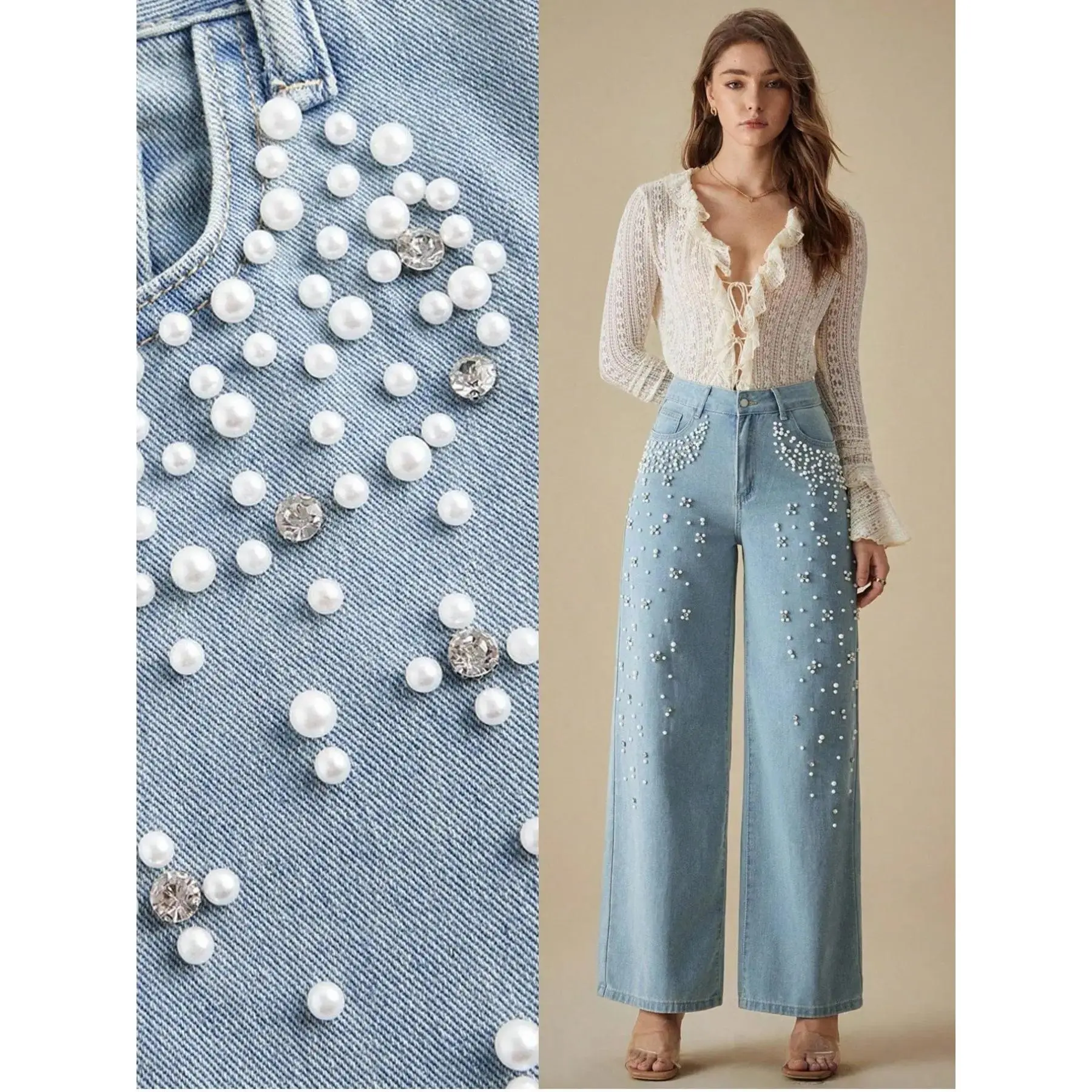 High-End Pearl Rhinestone Jeans, Fashionable Casual Long Pants, Loose-Fitting Graphic Jean for All Seasons, Stylish and Luxurious Look1123