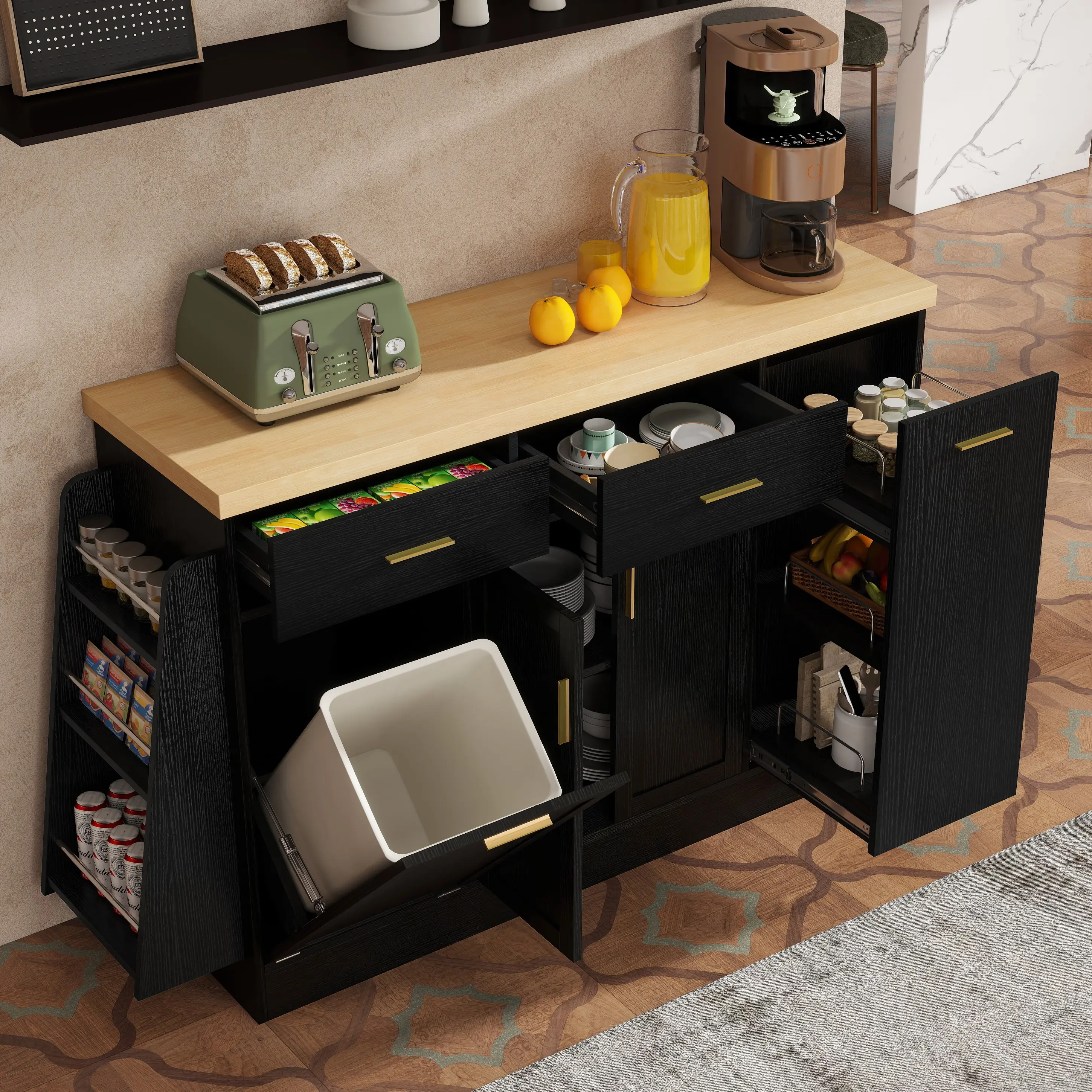 Modern-Rustic Wood Kitchen Island Table - Black Body, 22 lbs Capacity Hidden Trash Cabinet, Sliding Door Cabinet, Adjustable 3-Tier Spice Rack, Multi-Storage Indoor Sideboard for Kitchen & Dining Room, Clean Look, Assembly Required (Instructions Incl.), S