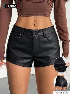 GILIPUR Women's Black Coated Low Waist Mini Shorts, Fitted Slim Fit Bodycon Button Closure Faux Leather Look Hot Pants with Pockets, Casual Edgy Streetwear for Summer, Club, Party & Night Out TChic Womenswear