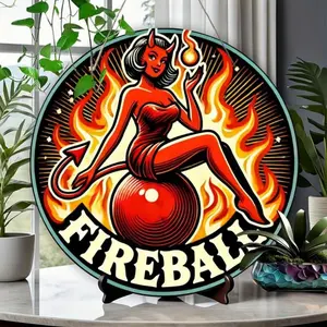 1PC 2D Plane Retro Fireball Whiskey Round en Sign - Perfect Choice for Home Bar, Kitchen, Coffee Shop, Garage, and Yard Decoration - Easy to Hang, Diameter 7.87inch