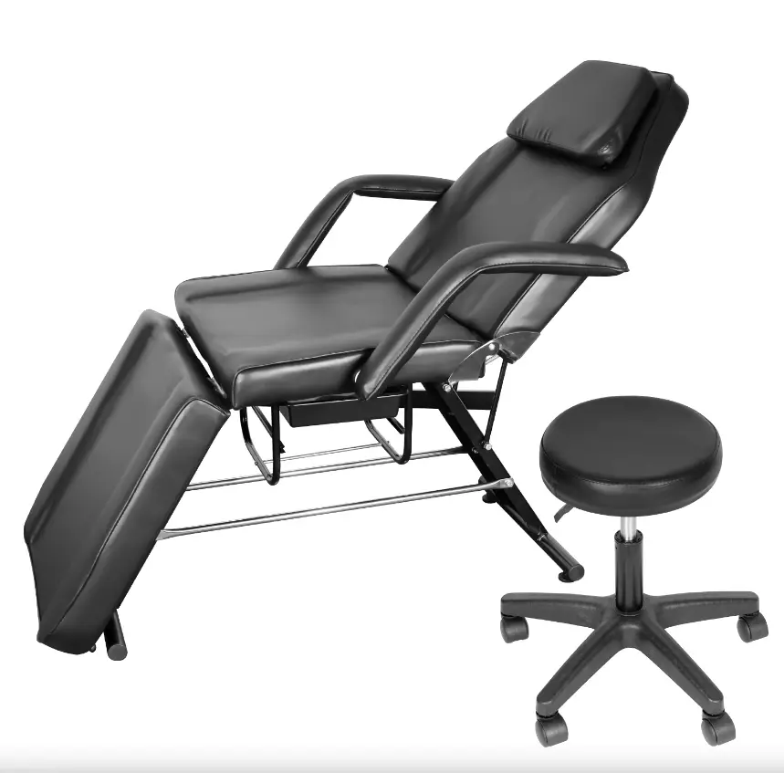 Multi-Purpose 3-Section Facial Bed for Beauty Salon & Tattoo with Hydraulic Stool, Adjustable Spa Bed Equipped with Removable Headrest, Ideal for Barber, Massage, Spa, Beauty Therapy, Microblading, Black