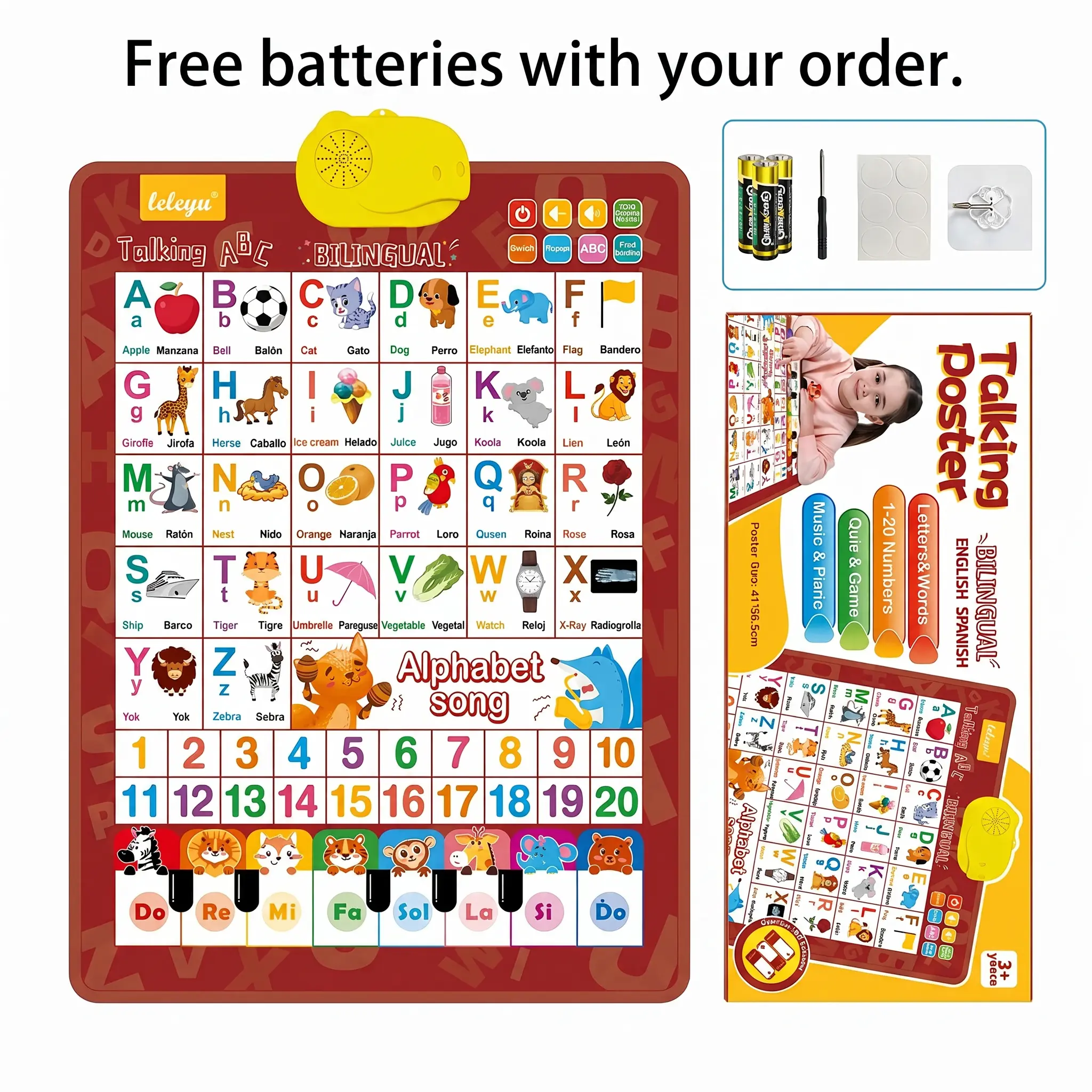 Bilingual English-Spanish 26-Letter Point-and-Read Wall Chart, Waterproof Alkaline Early Education Learning Machine with Adjustable Volume, Double-Sided Tape, Interactive Language Toy for Kids to Boost Language Skills