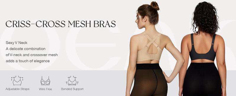 OEAK 2PCS Women Wireless V Neck Crossover Mesh Jelly Bras Comfortable Bralette Supportive Tshirt Bra No Underwire Seamless Push Up Everyday Bras