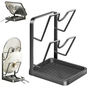 Kitchen Pot Lid Storage Rack, Stainless Steel Pot Lid Holder While Cooking for Countertop, Multifunctional Pots  Organizer Rack with Removable Drip Tray for Spatulas, Ladles & Large  (Gray2)