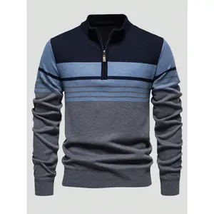 Men's Striped Long Sleeve Zipper Half Placket Casual Knitted Sweater, Autumn/Winter
