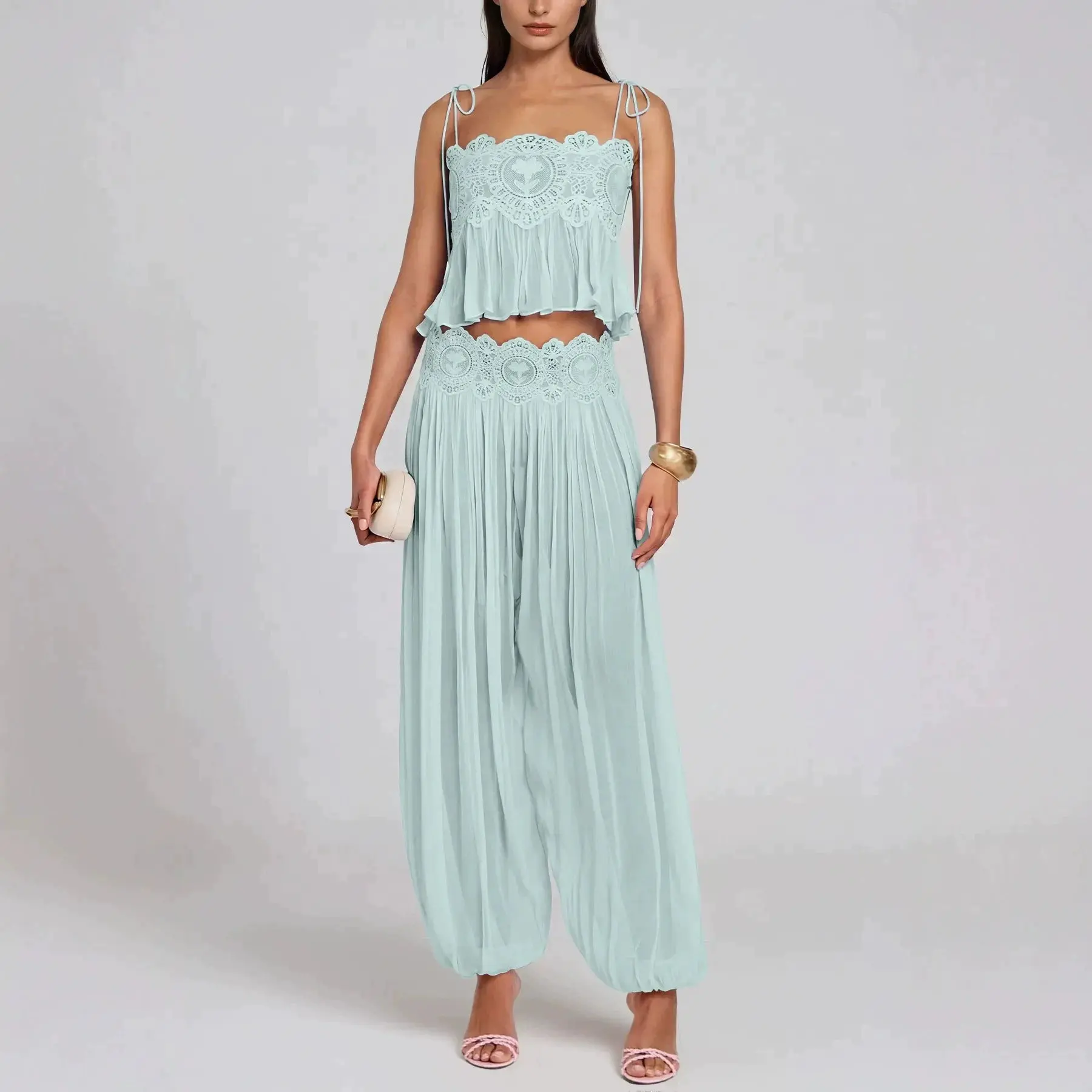 Lace-Up Backless Chiffon Two-Piece Set