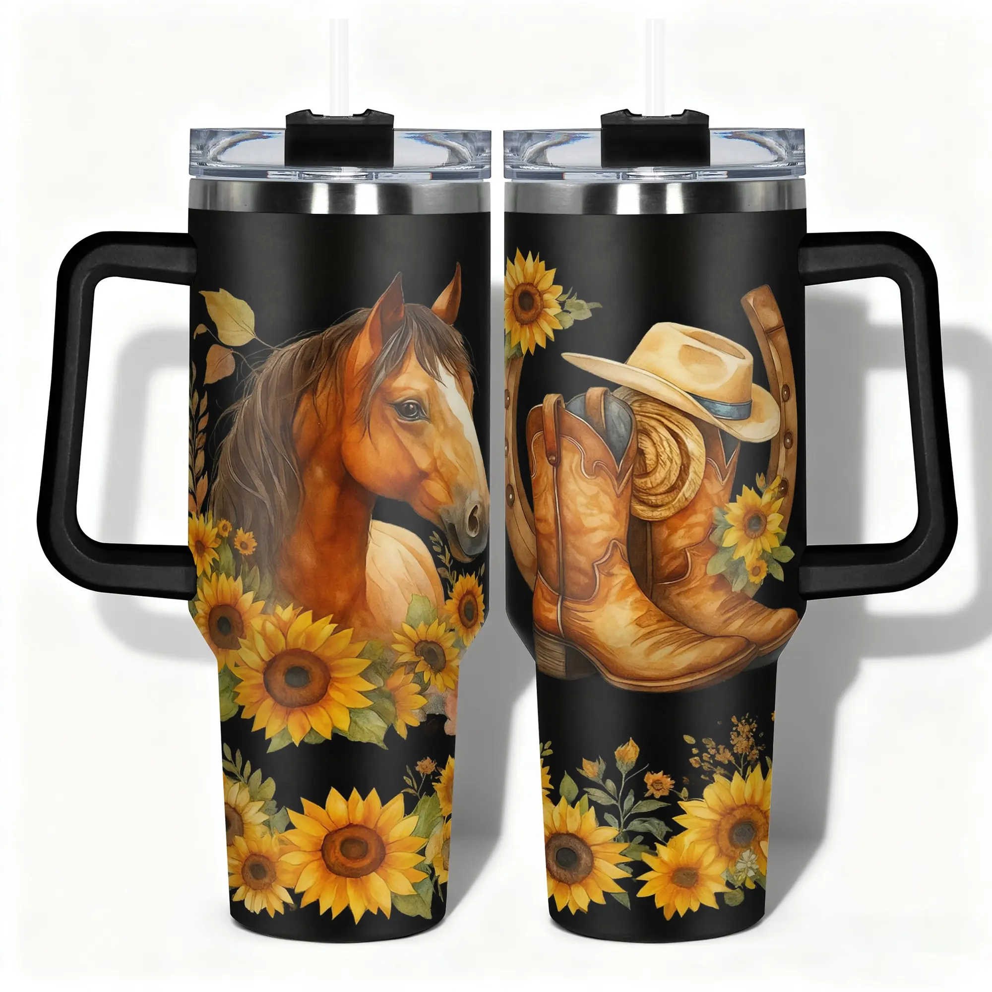 40oz Double-Wall Thermal Stainless Steel Vacuum Tumbler - Sunflower Horse Boots Patchwork Design, Ice Lock 24+ Hours, Portable Outdoor Travel Mug with Straw - Ideal Father's Day Gift with Plants-Themed Accent